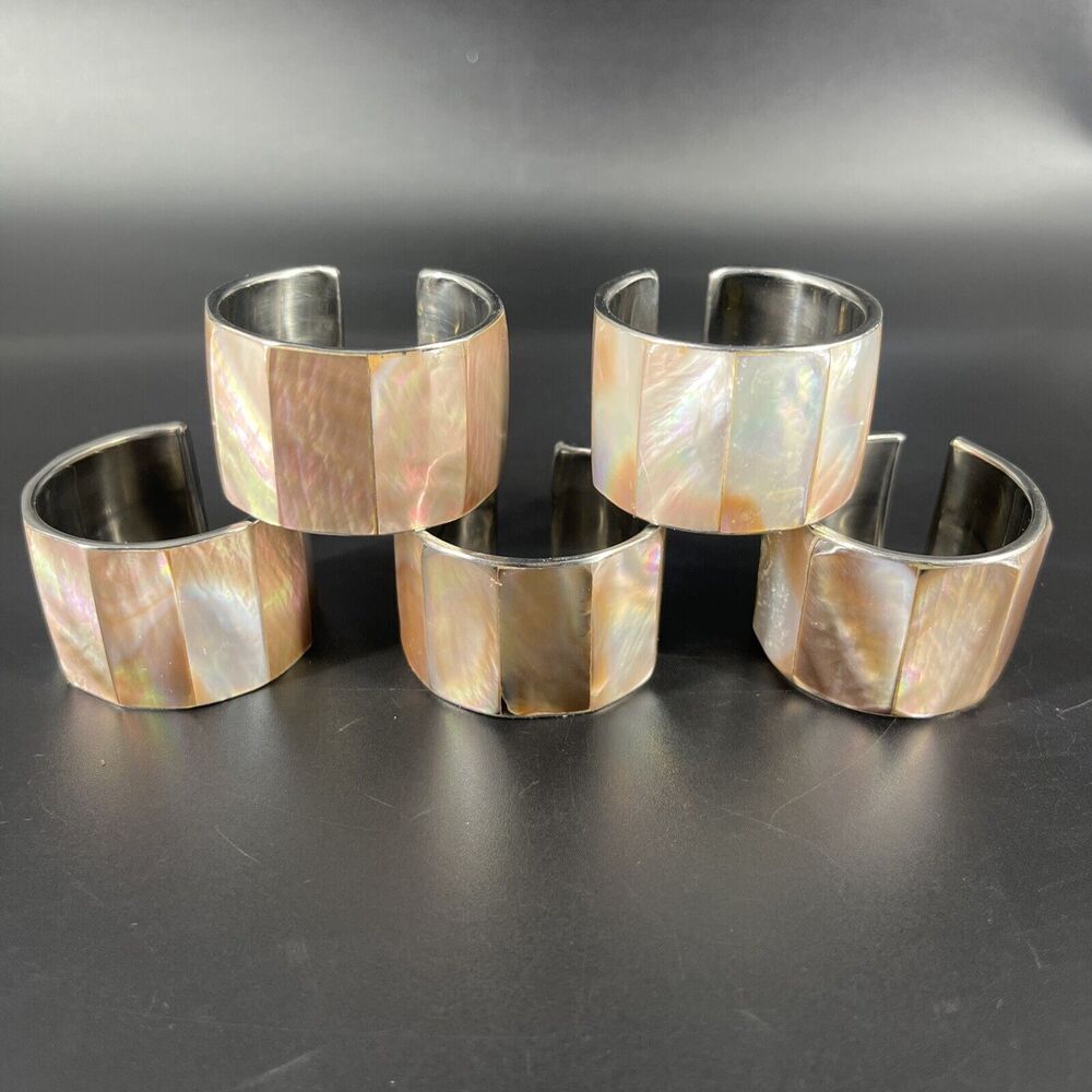 Vintage Mother Of Pearl Shell Inlay Silver Metal Napkin Rings Set of 5